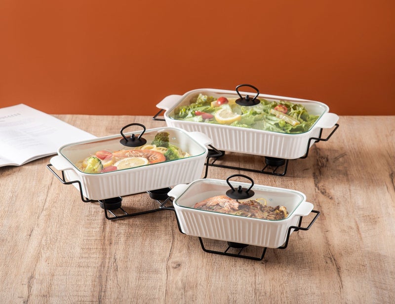 Dove 3-Piece Rectangular Porcelain Food Warmer With Candle Stand & Glass Lid Set White/Black, Sizes 10 + 12 + 14.5 Inch - Image 3