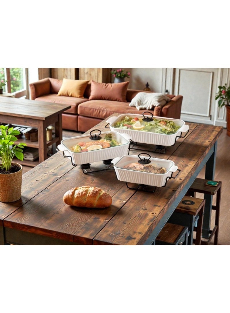 Dove 3-Piece Rectangular Porcelain Food Warmer With Candle Stand & Glass Lid Set White/Black, Sizes 10 + 12 + 14.5 Inch - Image 2