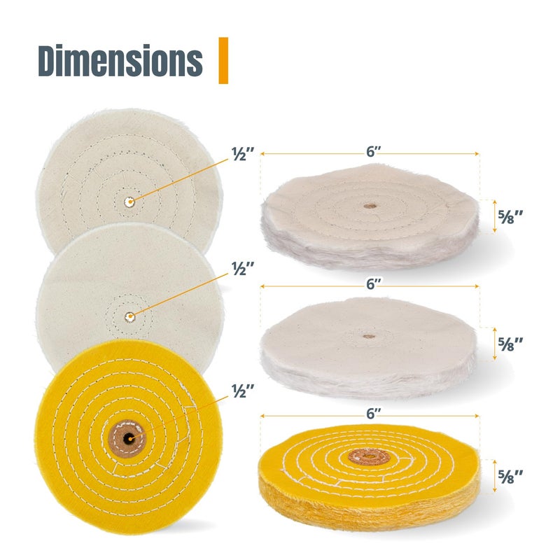 POWERTEC 71631 6 Inch Bench Grinder Buffing Wheel Kit w/ 3pcs Polishing Compound Set Including Black, White, Green Bars and Treated Yellow (40 Ply) Loose Cotton (40 Ply), White Cotton (40 Ply) - Image 3