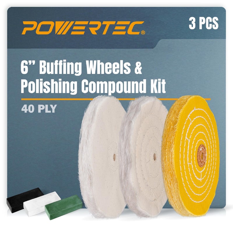 POWERTEC 71631 6 Inch Bench Grinder Buffing Wheel Kit w/ 3pcs Polishing Compound Set Including Black, White, Green Bars and Treated Yellow (40 Ply) Loose Cotton (40 Ply), White Cotton (40 Ply) - Image 1