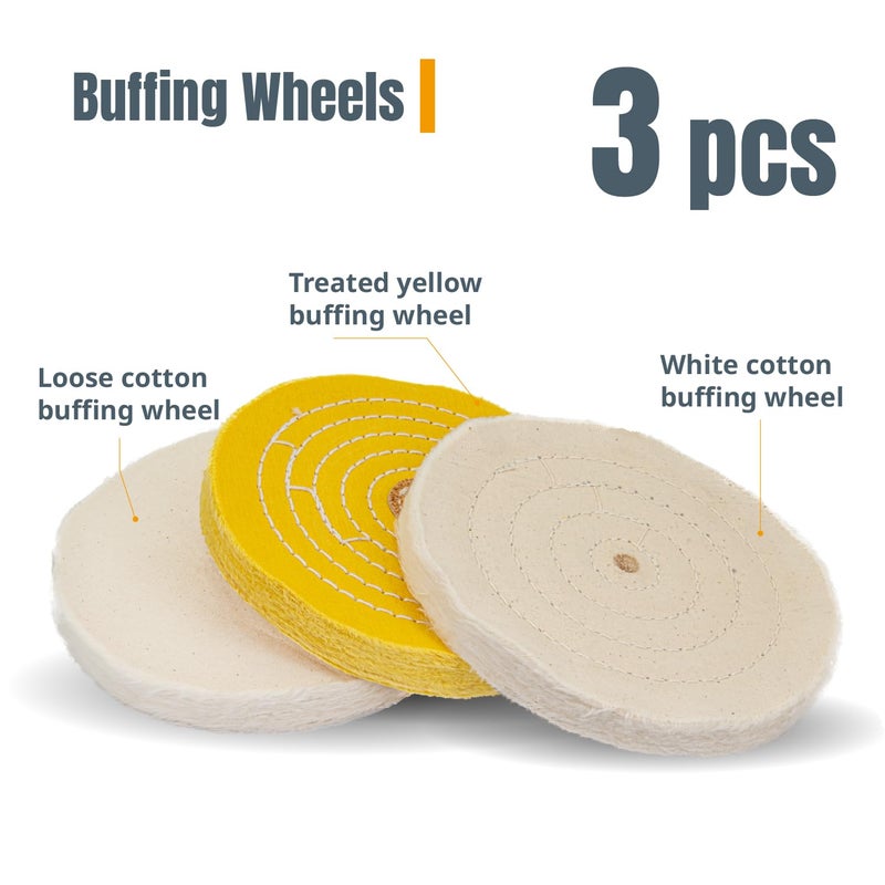POWERTEC 71631 6 Inch Bench Grinder Buffing Wheel Kit w/ 3pcs Polishing Compound Set Including Black, White, Green Bars and Treated Yellow (40 Ply) Loose Cotton (40 Ply), White Cotton (40 Ply) - Image 2