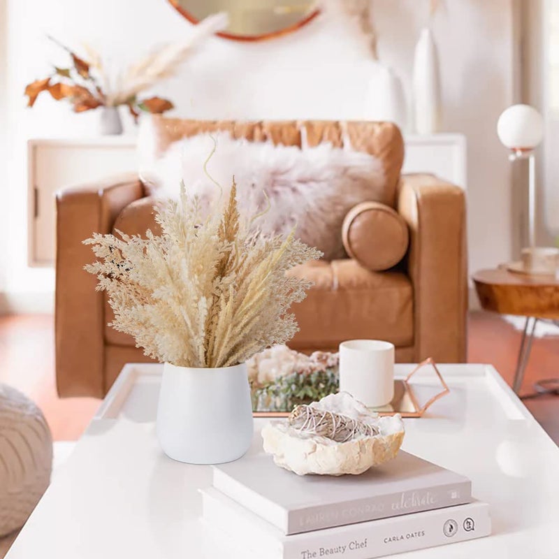 Hollyone Faux Pampas Grass with Vase, Artificial Pampas Grass Flowers Bouquet Plant Fluffy Boho Home Decor Fake Pompass Pompous Grass Floral Arrangement for Wedding Party Table Room Decorations Taupe - Image 5