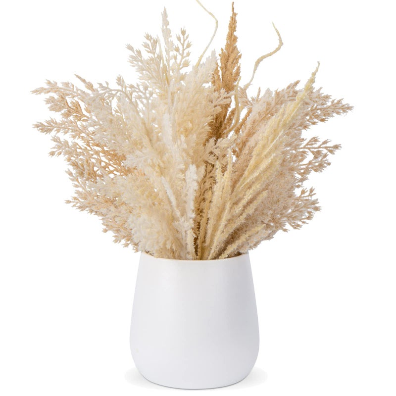 Hollyone Faux Pampas Grass with Vase, Artificial Pampas Grass Flowers Bouquet Plant Fluffy Boho Home Decor Fake Pompass Pompous Grass Floral Arrangement for Wedding Party Table Room Decorations Taupe - Image 1