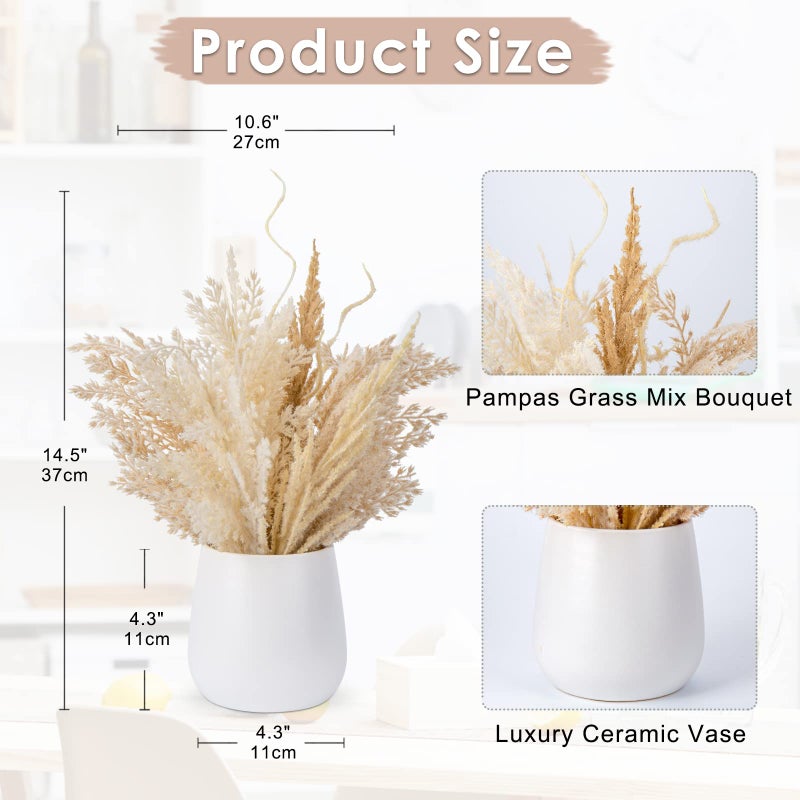 Hollyone Faux Pampas Grass with Vase, Artificial Pampas Grass Flowers Bouquet Plant Fluffy Boho Home Decor Fake Pompass Pompous Grass Floral Arrangement for Wedding Party Table Room Decorations Taupe - Image 2