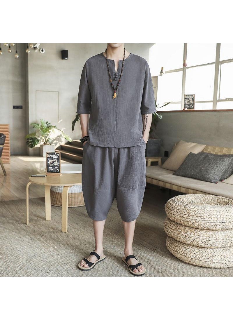 Generic Mens Short Sleeve Linen Cotton Set Two-Piece Suit Youth Summer Traditional Chinese Hanfu Ancient Style Casual Wear Spring W18 dark gray (solid color cropped pants suit) 