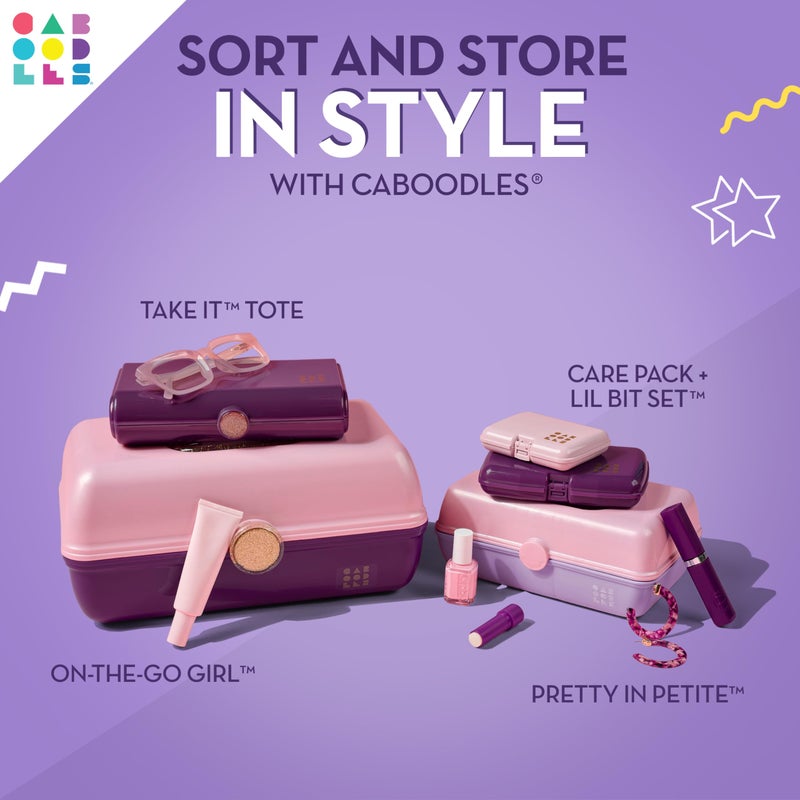 Caboodles صندوق مكياج كابودلز الجميل بحجم صغير، لون لافندر ثنائي اللون على بنفسجي، صندوق منظم بلاستيكي صلب، 2 صينية دوارة، مرآة عصرية، قفل آمن للسفر بأمان - Image 3