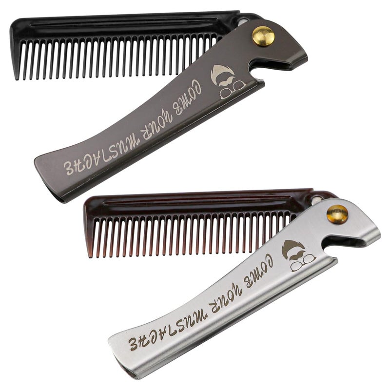 Foldable Stainless Steel 2 in 1 Pocket Comb and Bottle Opener Folding Beard Comb for Men 2 Pack