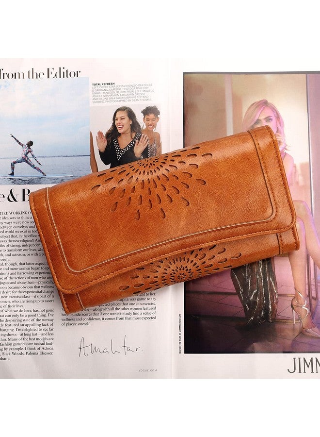 APHISON Womens Wallets Rfid Blocking Pu Leather Clutch Long Wallet For Women Card Holder Phone Organizer Ladies Travel Purse Hollow Out Sunflower Design Gift Box 2214 Brown - Image 2