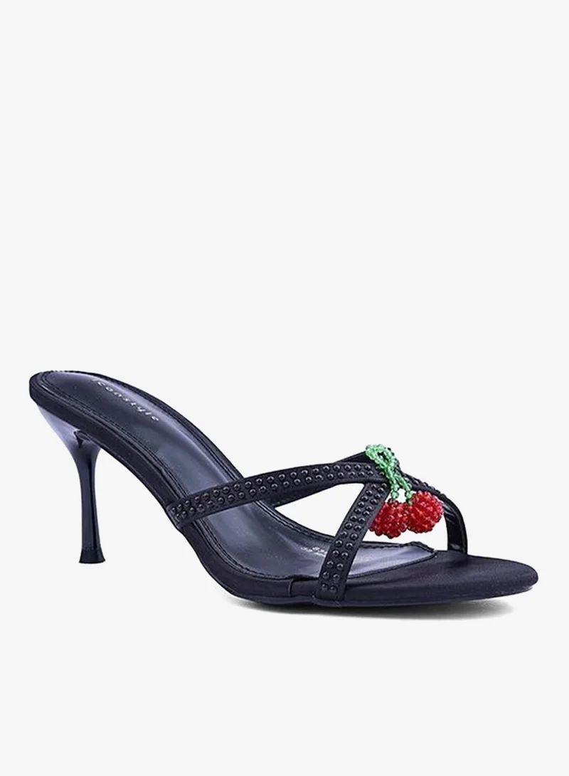 Embroidered Open-Toe Mule Heels