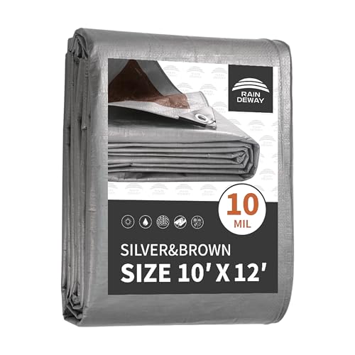 RAINDEWAY Tarps Heavy Duty Waterproof 10x12 Feet,10Mil Thick Multipurpose Poly Tarp Cover with Metal Grommets and Reinforced Edges,Silver/Brown Tarp - Image 1