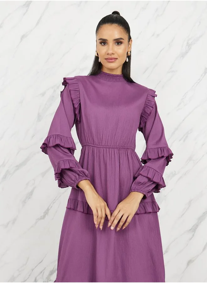 Styli Ruffle Detail High Neck Tiered Midi Dress