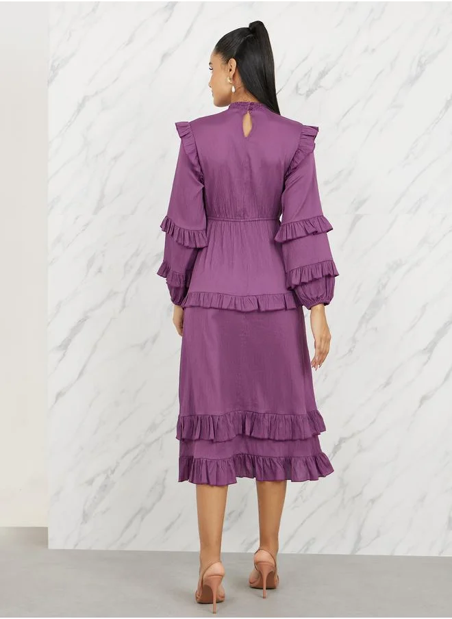 Styli Ruffle Detail High Neck Tiered Midi Dress