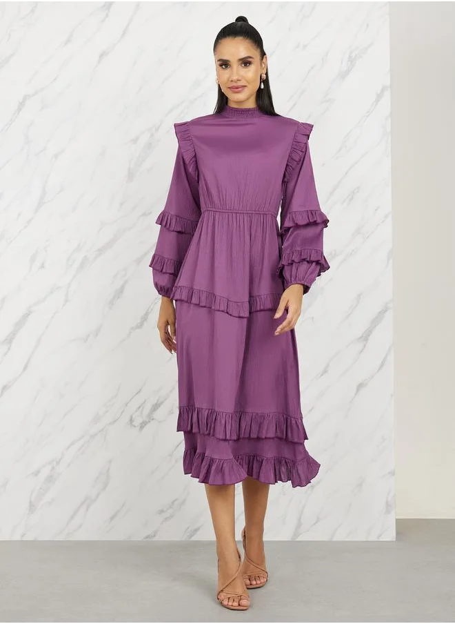 Styli Ruffle Detail High Neck Tiered Midi Dress