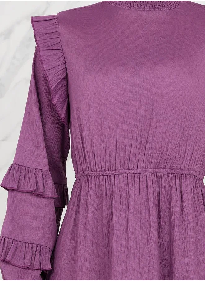 Styli Ruffle Detail High Neck Tiered Midi Dress