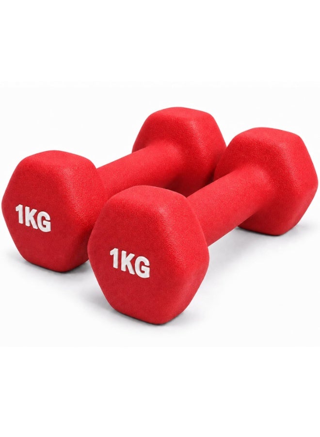 DBLEW Neoprene Dumbbells 1kg, [2 Piece] of Hex Hand Weights, Anti-Slip Dumbbell Set for Home Gym, Strength Training, Aerobics, Pilates, Yoga & Fitness Workouts Cardio Gym Red - Image 1