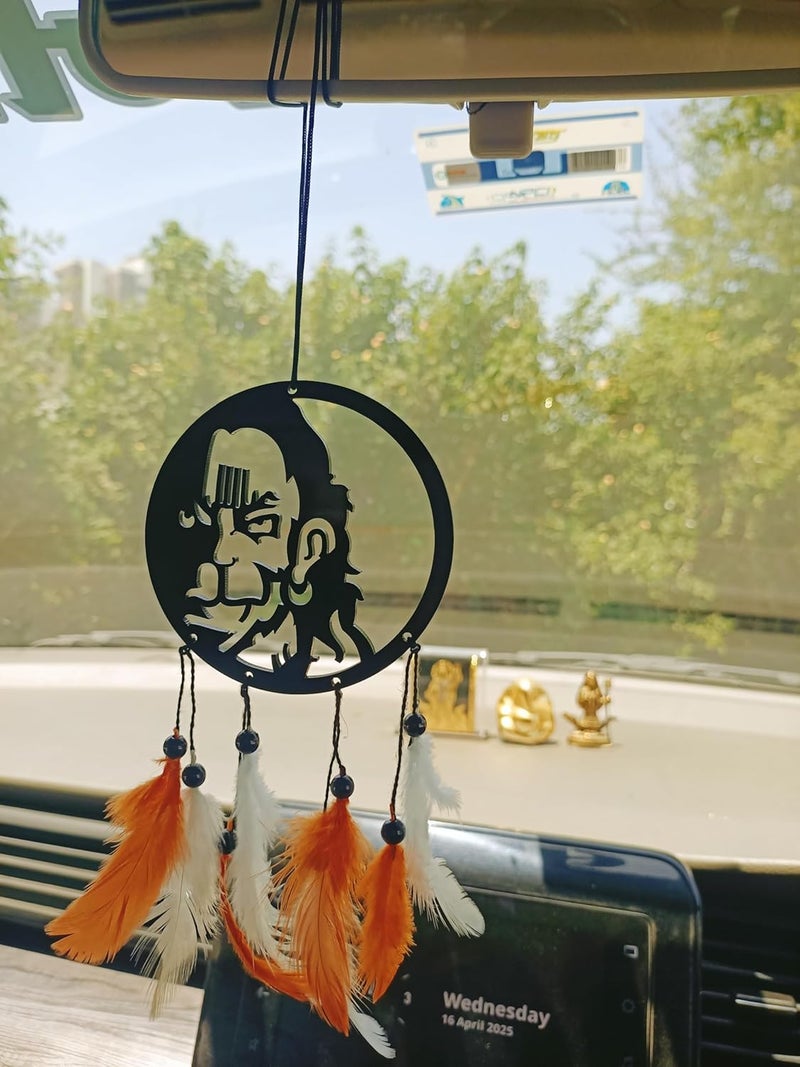 Rukshv Decorative Car Rearview Mirror Hanging with Feathers, Acrylic Spiritual Accessory for Home, Car, Office Interior Decor (hanimanji Face) - Image 2