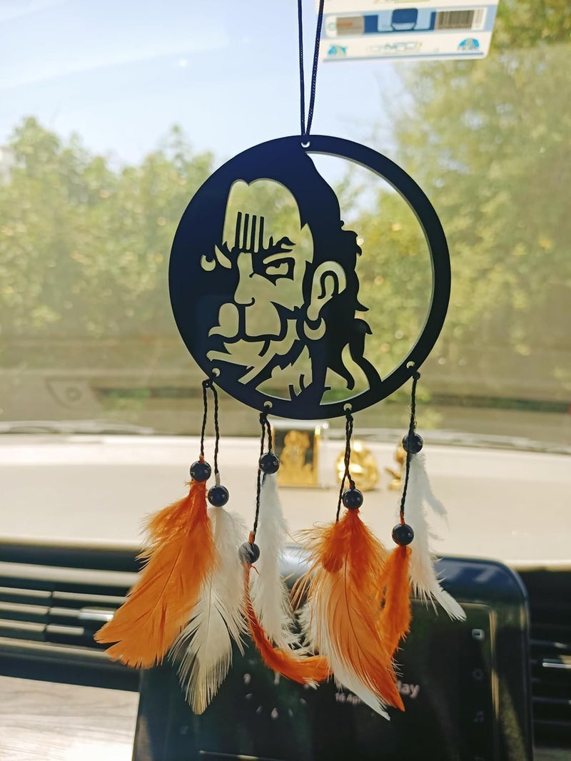 Rukshv Decorative Car Rearview Mirror Hanging with Feathers, Acrylic Spiritual Accessory for Home, Car, Office Interior Decor (hanimanji Face) - Image 1