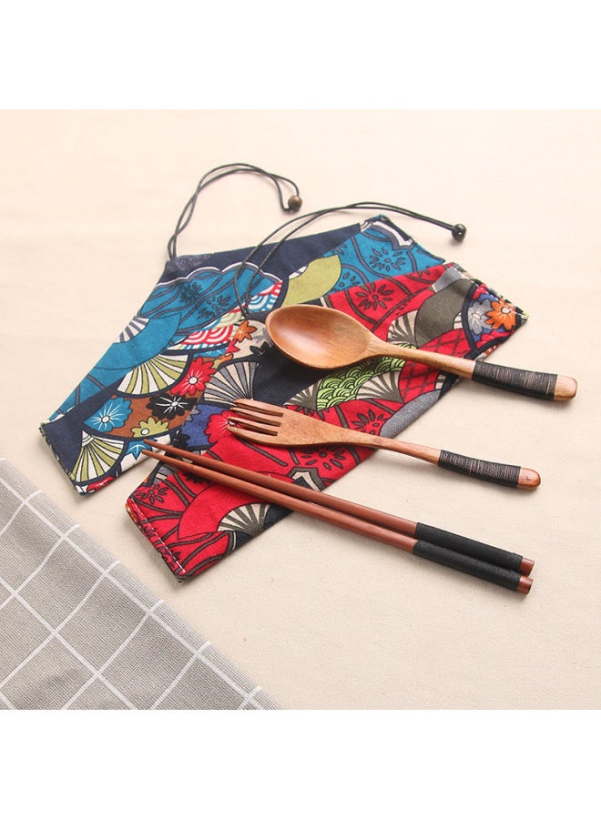 Loquat Wind Cloth Bag Chopsticks Spoon Suit Tie Line Chopsticks Spoon Fork Tableware 3-piece Travel Tableware Suit Business Gifts-Specifications:suit II - Image 2