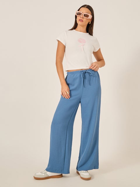Textured Drawstring Waist Wide Leg Pants