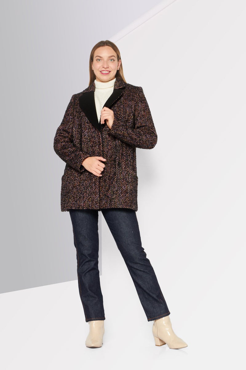 One Step Women Regular Fit Textured Casual Zip Blazer, Black Combo - Image 3