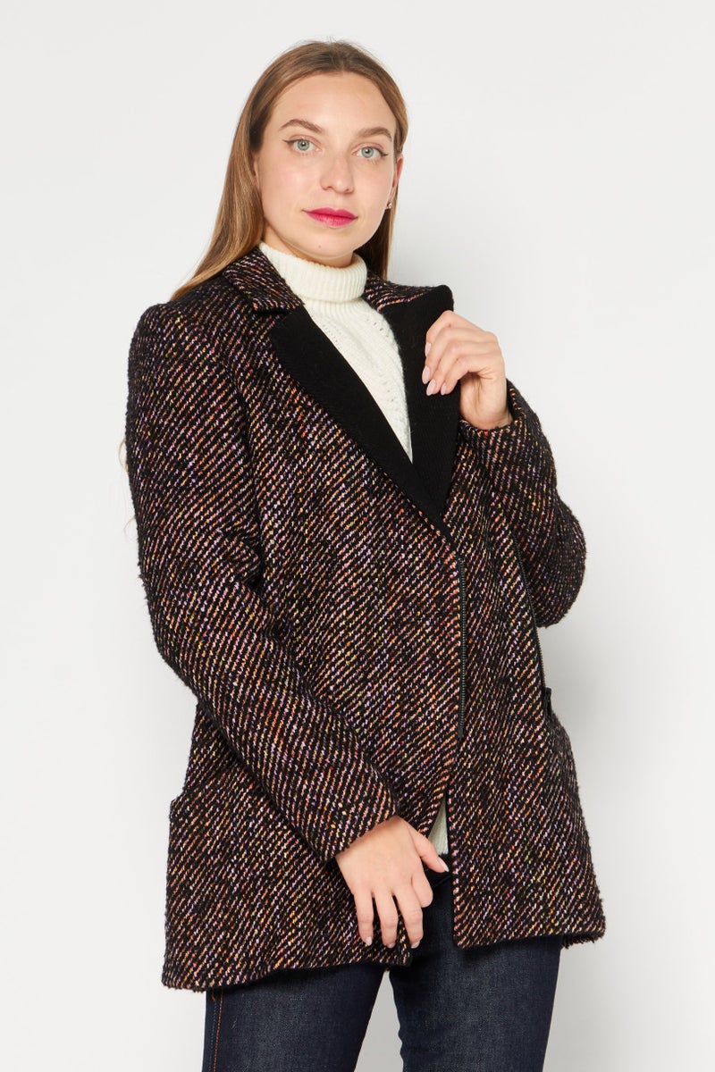 One Step Women Regular Fit Textured Casual Zip Blazer, Black Combo - Image 1