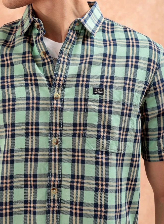 شركة المرآب الهندية Men Slim Fit Checkered Half Sleeves Spread Collar Casual Shirt