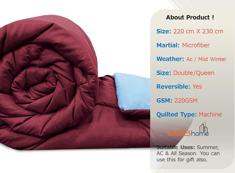 BSB HOME Summer Razzai All Season 220 GSM Ac Comforter Super Soft Fluffy Comforter (90" X 86" Inches/220Cm X 228Cm) - Double Bed Comforter|Silver & Maroon| Lightweight| Microfibre - Image 2