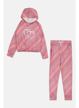 Kids Girl 2 Pieces Allover Print Hooded Sweatshirt And Pants Set, Pink
