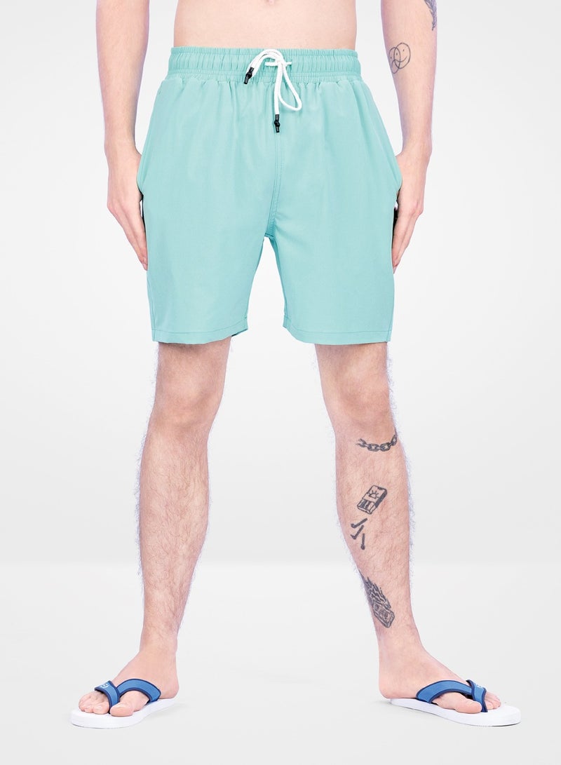 Web Denim Elastic Waistband With Drawstring Comfortable Polyester Swim Shorts For Men’s Quick Dry Swimming Trunks With Pockets - Image 2