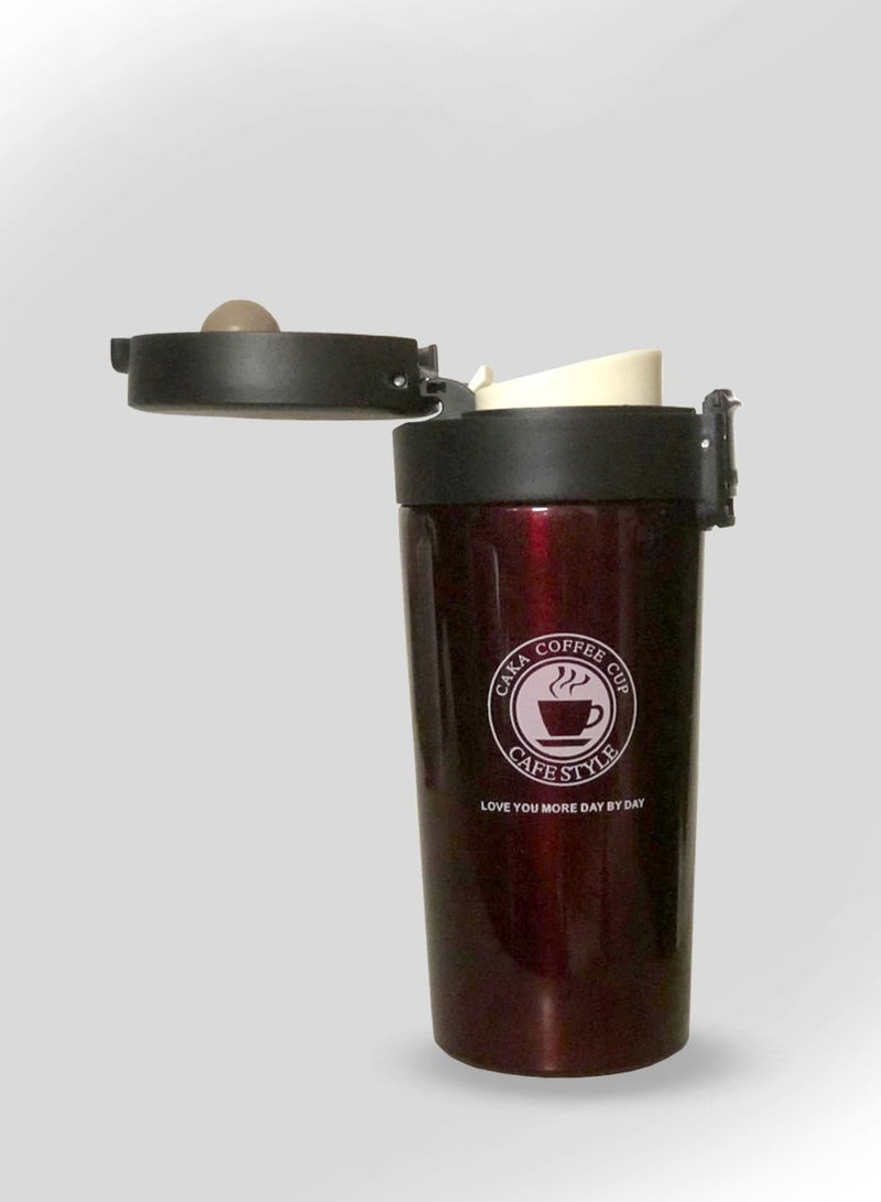Stainless Steel Maroon Travel Mug – Push Button Open, Leak-Proof Design - Image 2