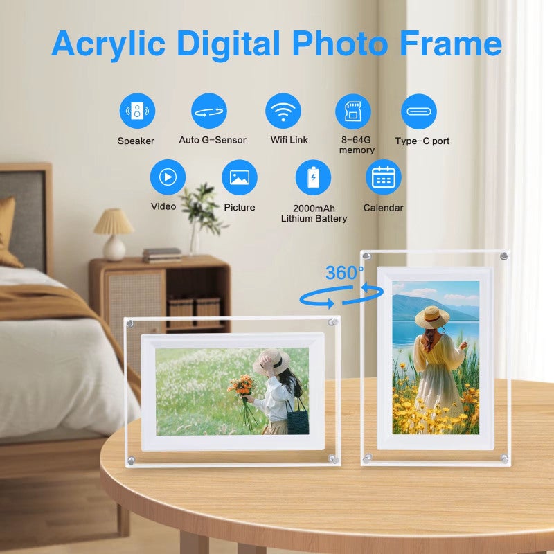 Digital Picture Frame 7-Inch 1024x600 High-Resolution Display With 16:9 Aspect Ratio 300 Lumens Brightness - Transparent Acrylic Material Built-In Lithium Battery Portable Wifi Digital Frame For Year- - Image 2