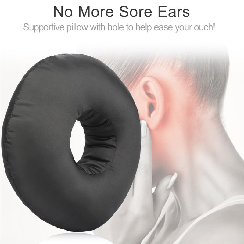 Heal n Hope Silky Satin Piercing Pillow Ear Pillows Donut with Hole for Ear Pain CNH Piercing Pain Relief Sleeping Pressure Sore Side Sleepers Smooth Cooling Ear Guard Protector, Black - Image 2