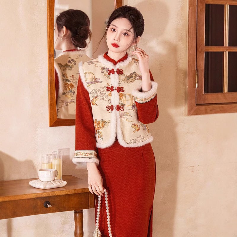 Young Red New Chinese New Years Service suit Cheongsam Vest 2024 Winter New Daily Warm... Red cheongsam - Image 3