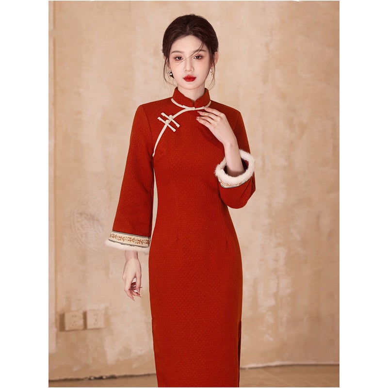 Young Red New Chinese New Years Service suit Cheongsam Vest 2024 Winter New Daily Warm... Red cheongsam - Image 1
