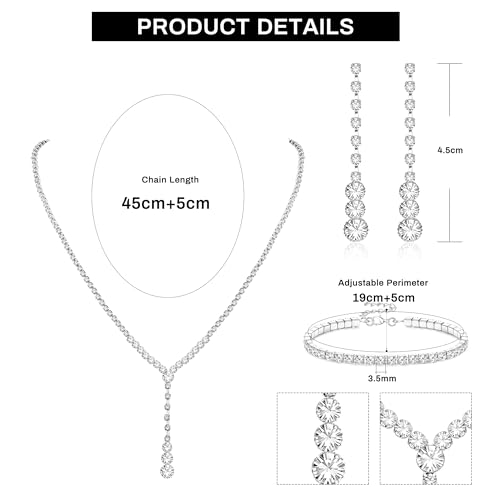 LOYALLOOK Crystal Silver Necklace and Earrings with Crystal Bracelet for Women Teardrop Dangle Earrings Rhinestone Necklace Bracelet for Bride Bridesmaid Crystal Bridal Wedding Party Jewelry Sets Style D - Image 4