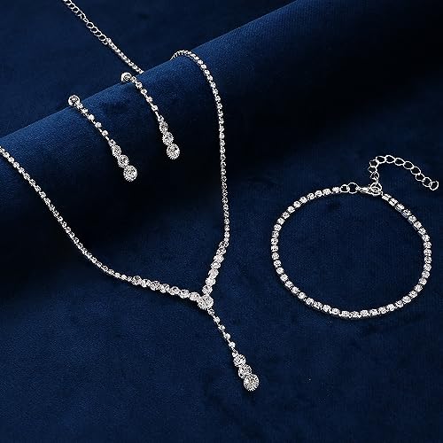 LOYALLOOK Crystal Silver Necklace and Earrings with Crystal Bracelet for Women Teardrop Dangle Earrings Rhinestone Necklace Bracelet for Bride Bridesmaid Crystal Bridal Wedding Party Jewelry Sets Style D - Image 5