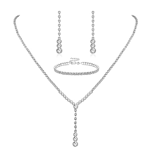 LOYALLOOK Crystal Silver Necklace and Earrings with Crystal Bracelet for Women Teardrop Dangle Earrings Rhinestone Necklace Bracelet for Bride Bridesmaid Crystal Bridal Wedding Party Jewelry Sets Style D - Image 1