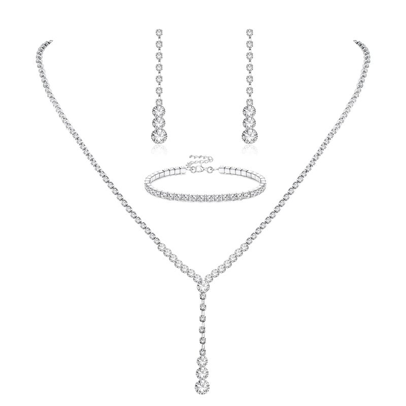 LOYALLOOK Crystal Silver Necklace and Earrings with Crystal Bracelet for Women Teardrop Dangle Earrings Rhinestone Necklace Bracelet for Bride Bridesmaid Crystal Bridal Wedding Party Jewelry Sets Style D - Image 3