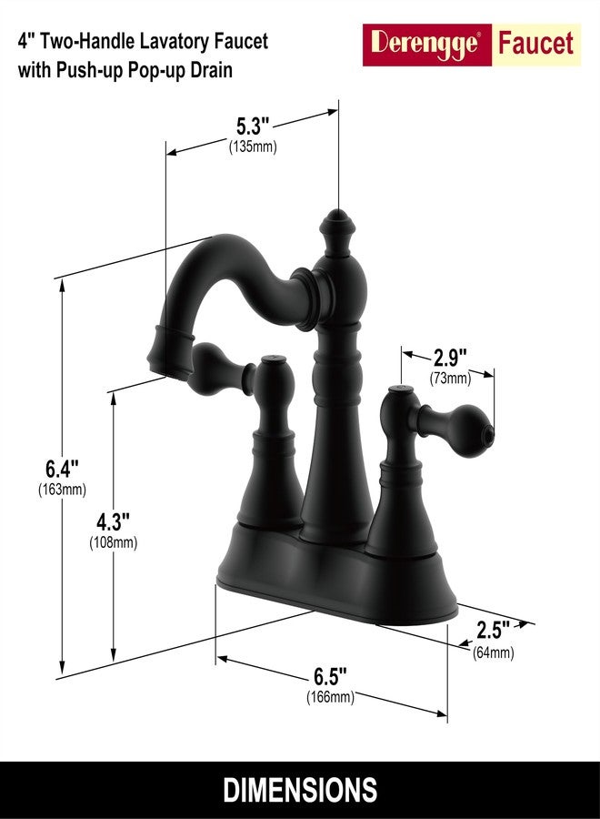 Derengge Two Handle Matte Black Bathroom Faucet 3 Hole with Pop up Drain Assembly, Classic 4 Inch Centerset Lavatory Faucet with 360° Swivel Spout,F-0048-MT - Image 2