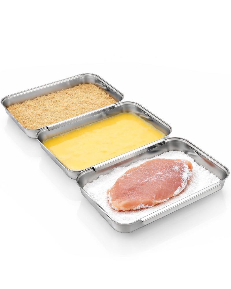 FANGSUN Breading Trays Set of 3, Interlocking Stainless Steel Tray for Chicken, Fish, or Meat, Deep Dredging Trays for Breading, Oven-Safe and Kitchen-Friendly Prep Pans for Marinating & Baking - Image 1