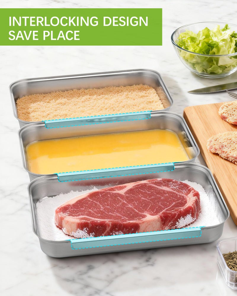 FANGSUN Breading Trays Set of 3, Interlocking Stainless Steel Tray for Chicken, Fish, or Meat, Deep Dredging Trays for Breading, Oven-Safe and Kitchen-Friendly Prep Pans for Marinating & Baking - Image 4
