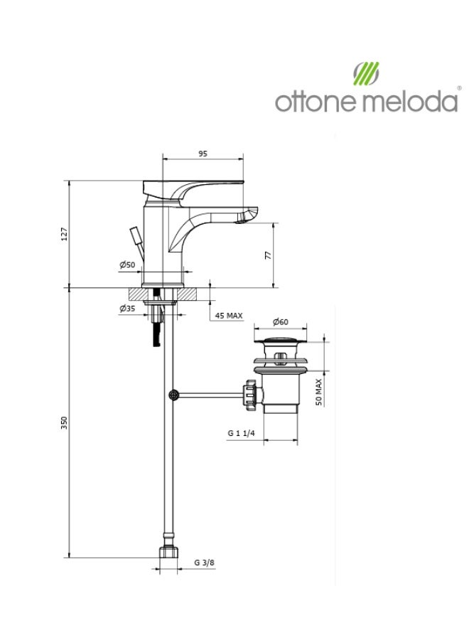 ottone meloda VERA Wash basin mixer with pop up waste ITALY - Image 2