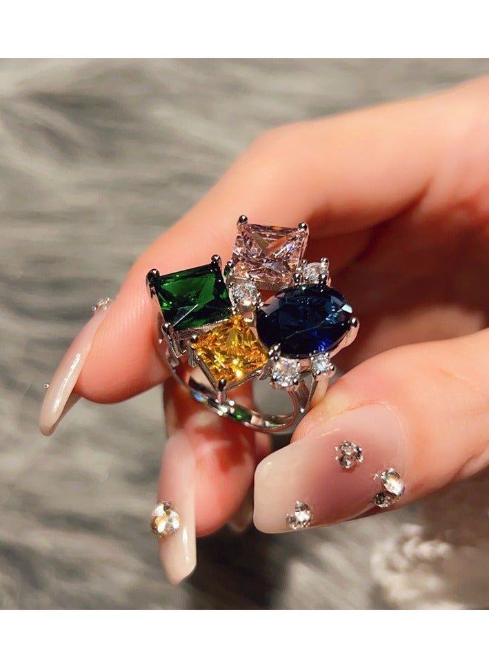 Colorful full diamond zircon colored gemstone rings for women adjustable fashion personality versatile - Image 2