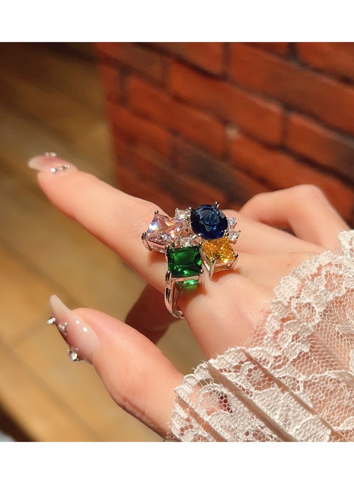 Colorful full diamond zircon colored gemstone rings for women adjustable fashion personality versatile - Image 3