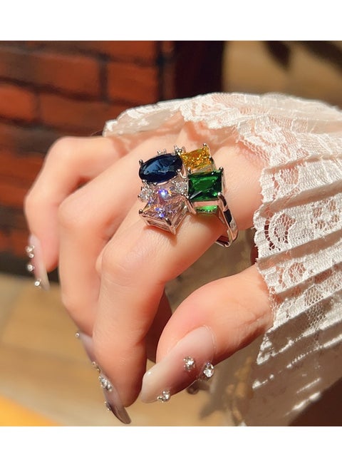 Colorful full diamond zircon colored gemstone rings for women adjustable fashion personality versatile