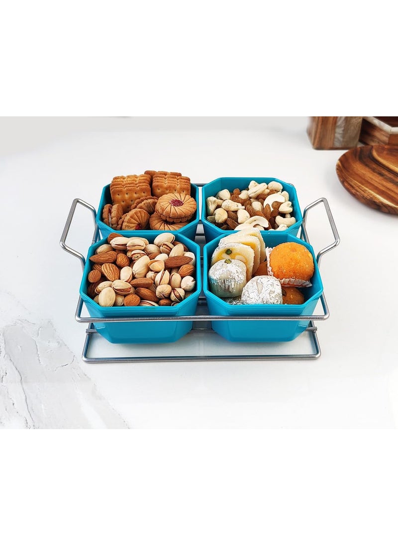 Appeasy - appeasy Silver Plated Wire Tray with 4 Bowl Server Set for Center Table for Dessert Appetizer Serving Bowl Friut Chip dip Bowl Set for Parties - Image 1