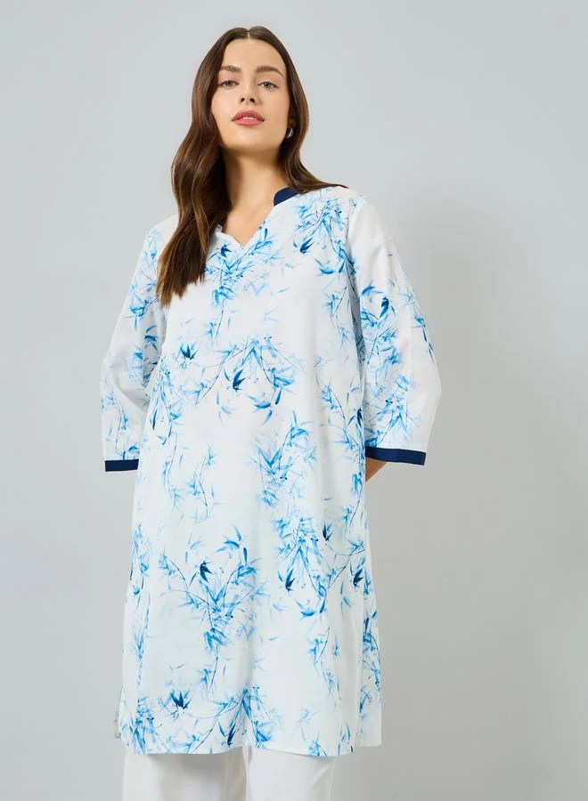 تايك تو طقم منسق تونيق بحافة واسعة مطبوع بزخارف زهور وبنطال