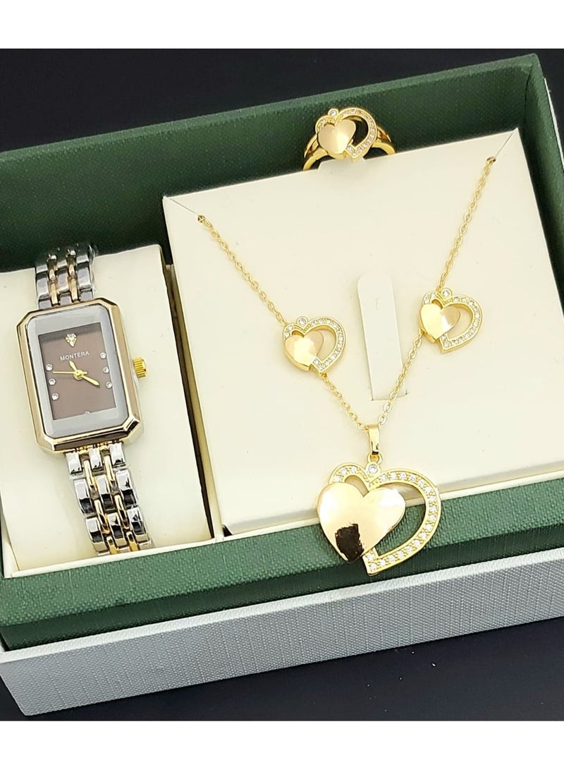 A set of an analog watch and a set consisting of a necklace, earring and a ring for women