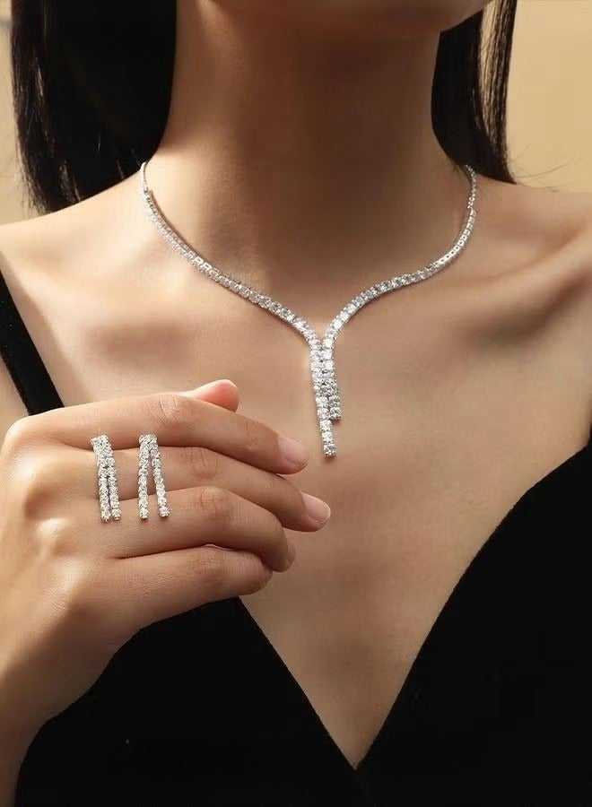 3 Pcs Zircon Necklace Earrings Set Ear Drop Dangle Diamond Bridal Dress Accessories for Women Silver/Clear - Image 1