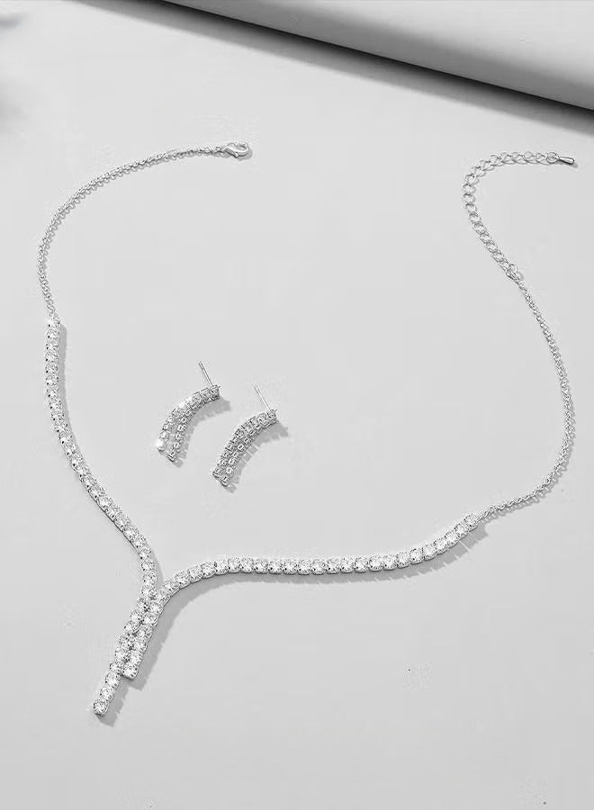 3 Pcs Zircon Necklace Earrings Set Ear Drop Dangle Diamond Bridal Dress Accessories for Women Silver/Clear - Image 4